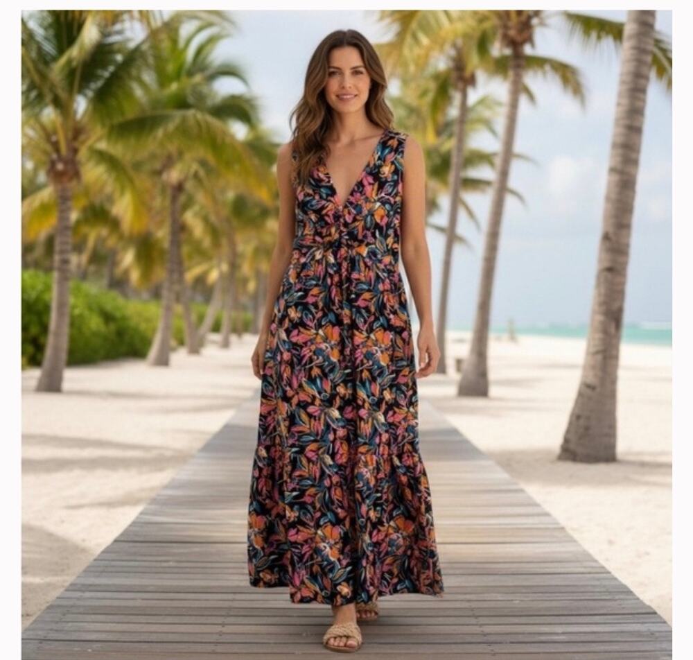 French Connection Womens Twist Front Midi Dress Floral Sleeveless Size M Resort